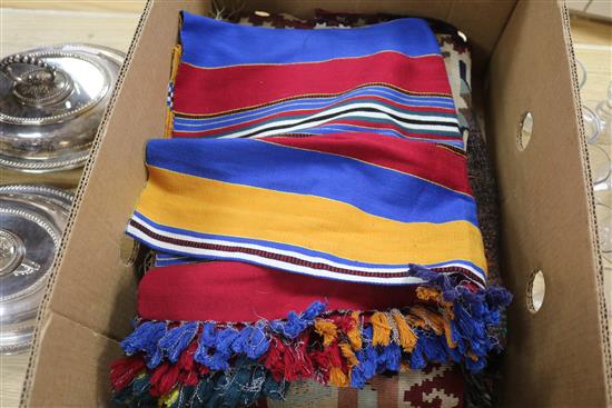 Three Paisley shawls, a women silk stole, kelim etc